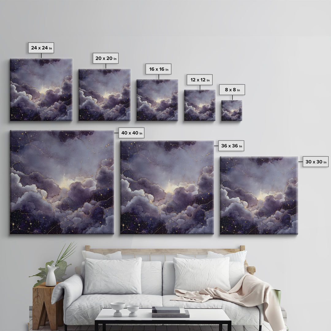 Moonlit Cloudscape with Silver Highlights Framed Canvas Print, Celestial Art, Animal Prints, Living Room Decor, Abstract Art, CEL-1x1-57