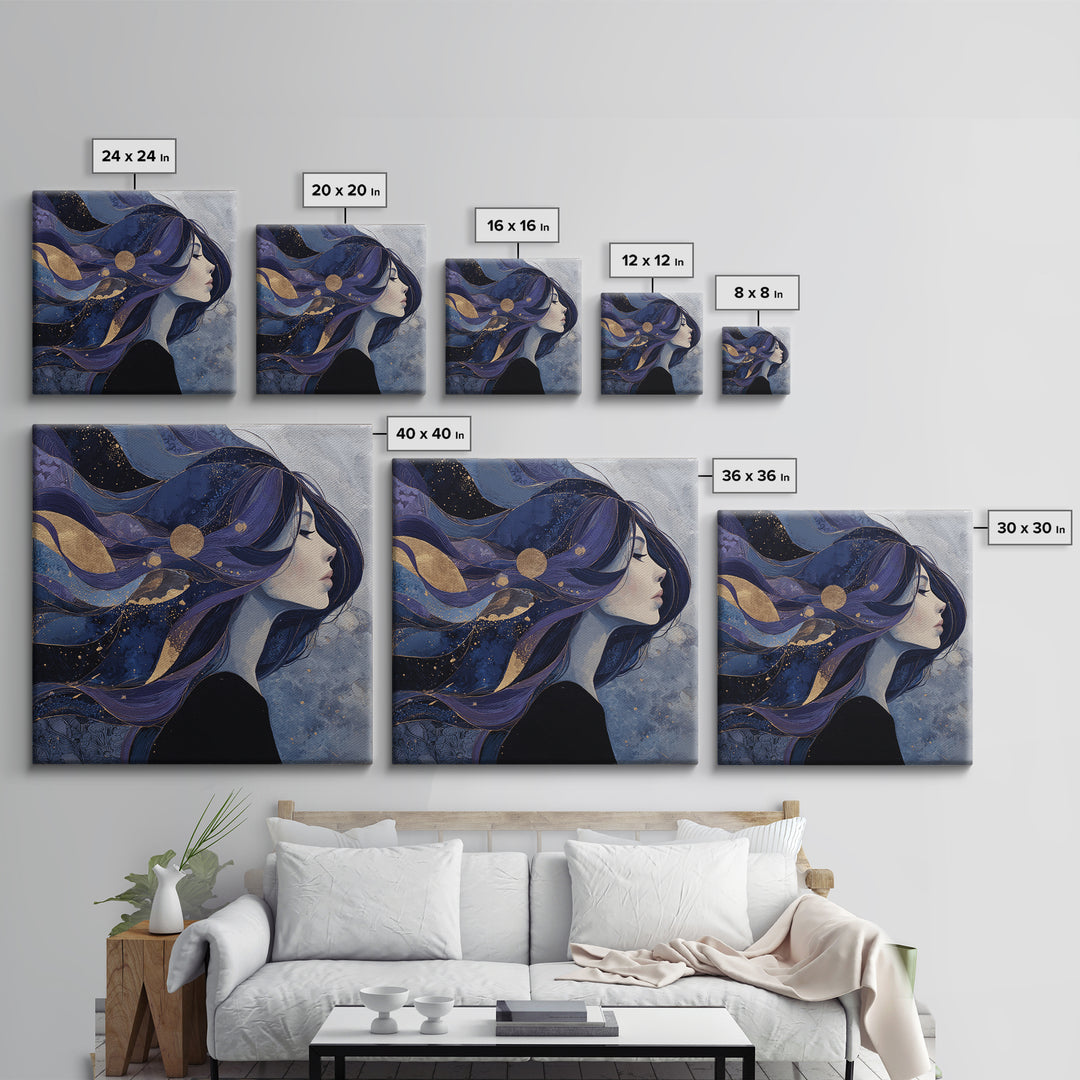 Celestial Goddess with Flowing Midnight Hair Framed Canvas Print, Celestial Art, Celestial, Living Room Decor, Celestial, CEL-1x1-7