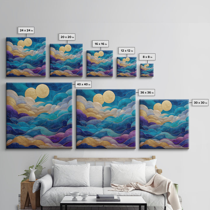 Golden Sun over Abstract Ocean Waves Framed Canvas Print, Celestial Art, Collage Art, Living Room Decor, Fine Art, Celestial, CEL-1x1-71