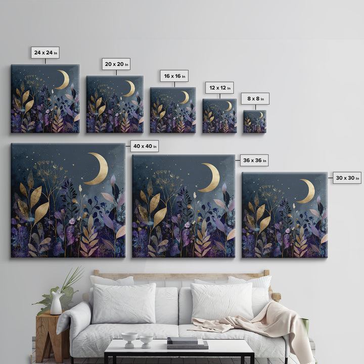 Lunar Phase Arc Above Delicate Botanicals Canvas Print, Celestial Art, Collage Art, Living Room Decor, Watercolor Art, CEL-1x1-76