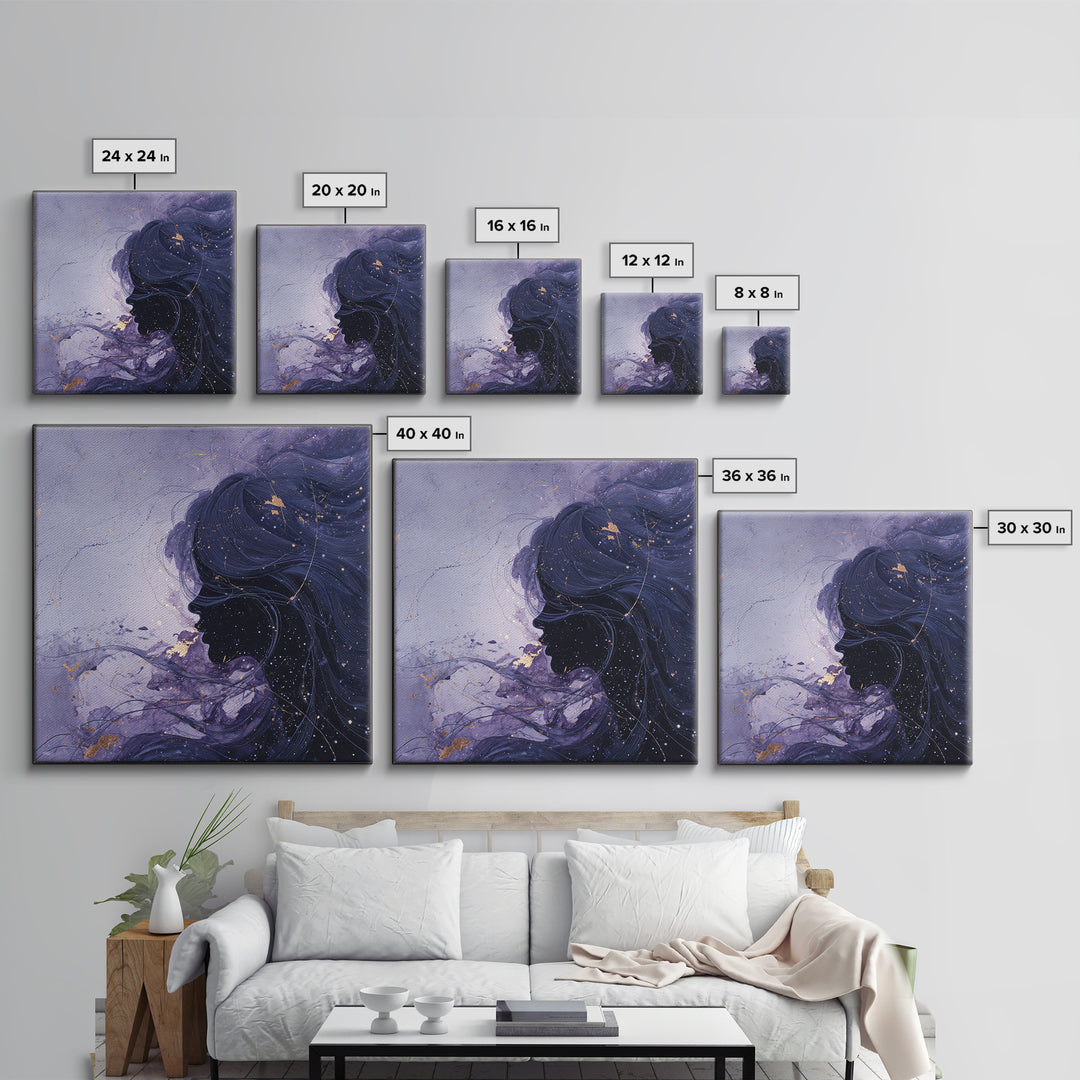 Celestial Goddess with Flowing Midnight Hair Framed Canvas Print, Celestial Art, Wall Decor, Living Room Decor, Celestial, CEL-1x1-79