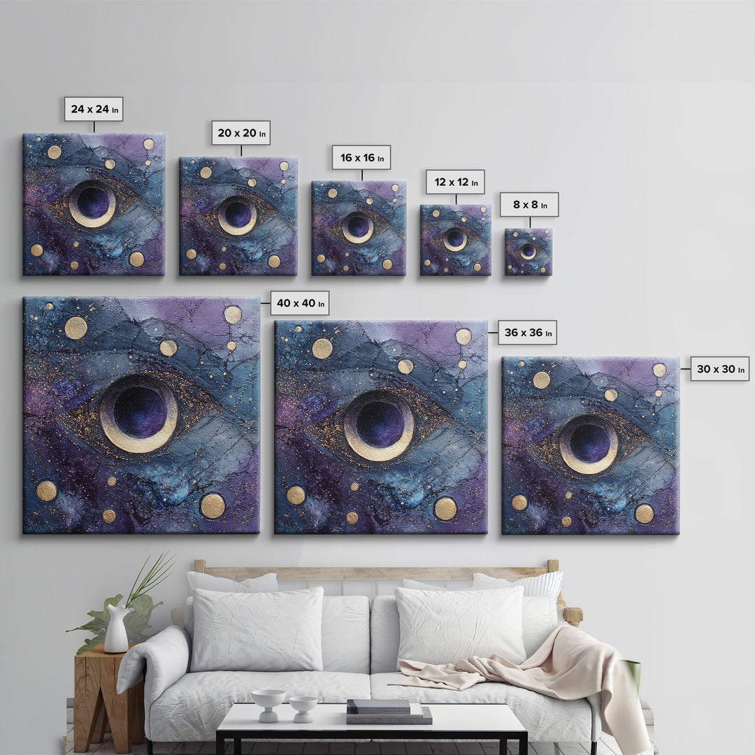 Mystic Eye Surrounded by Moons and Constellations Framed Canvas Print, Celestial Art, Art Print, Living Room Decor, Celestial, CEL-1x1-88