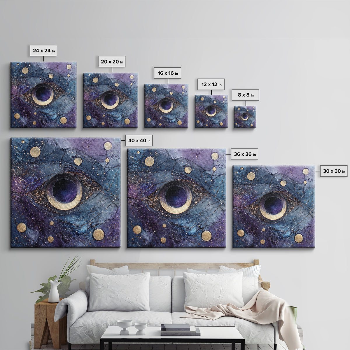 Mystic Eye Surrounded by Moons and Constellations Framed Canvas Print, Celestial Art, Art Print, Living Room Decor, Celestial, CEL-1x1-88