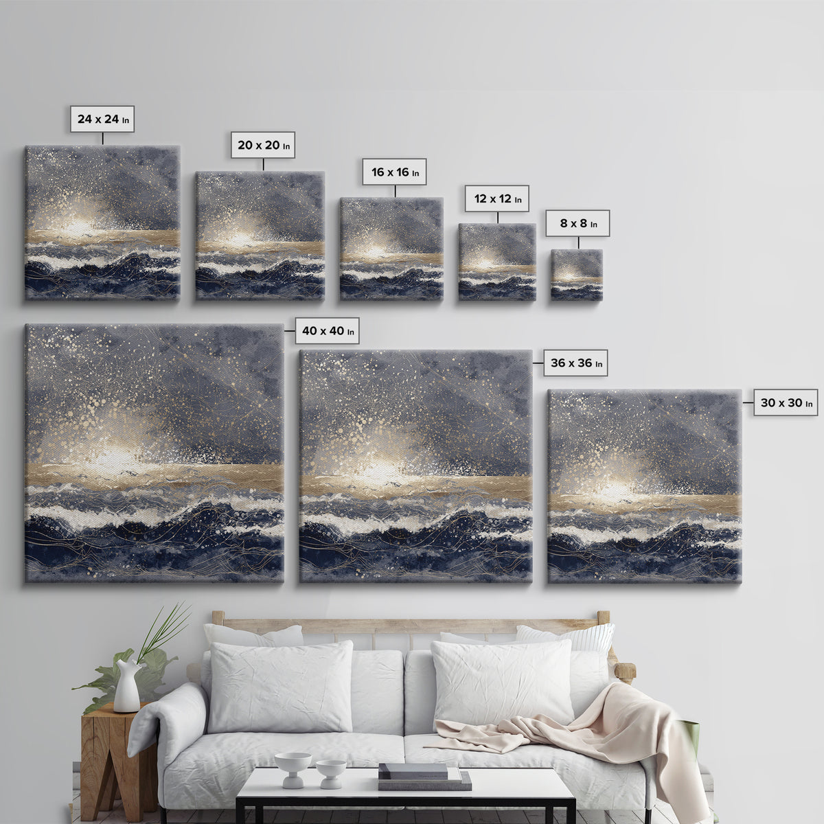 Golden Sun over Abstract Ocean Waves Canvas Print, Celestial Art, Fantasy Art, Living Room Decor, Fine Art, Celestial, CEL-1x1-95