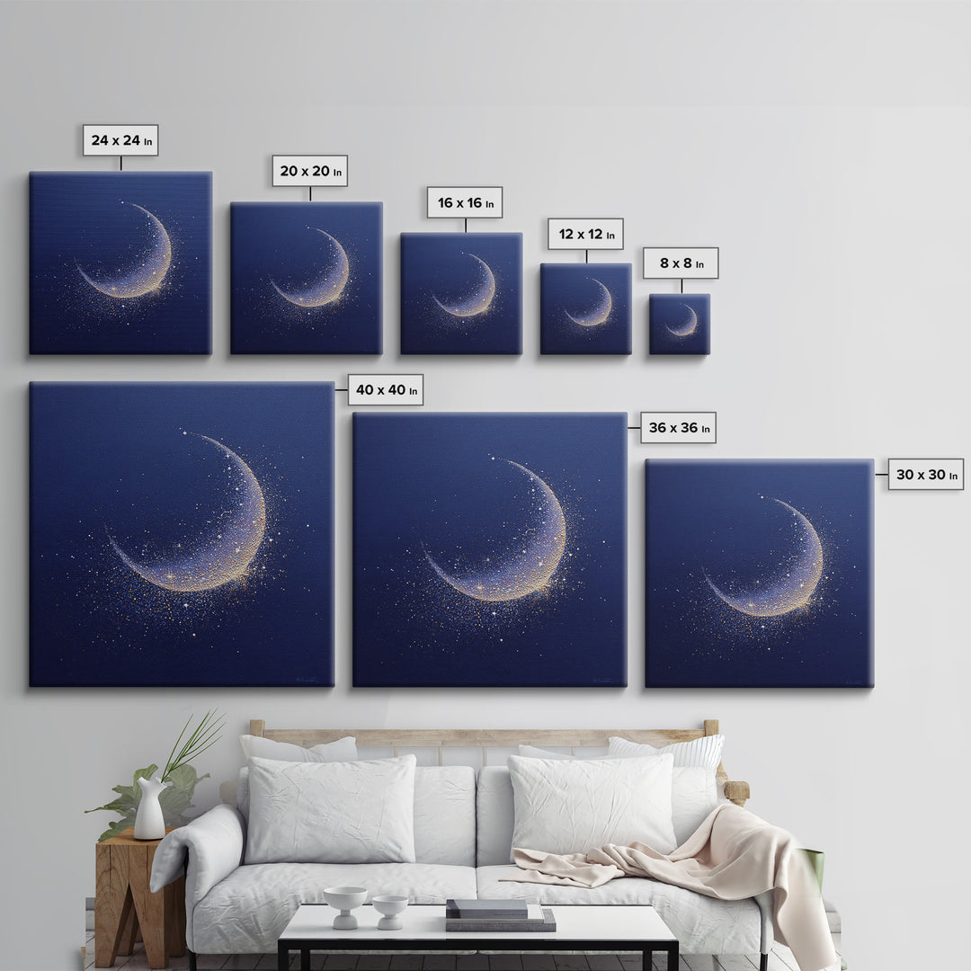Crescent Moon Cradling a Cluster of Stars Canvas Print, Celestial Art, Luxury Decor, Living Room Decor, Oil Painting, Celestial, CEL-1x1-97