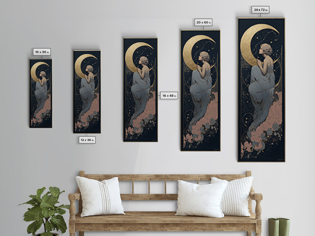 Crescent Moon Cradling a Cluster of Stars Canvas Print, Celestial Art, Minimalist Art, Living Room Decor, Fine Art, Celestial, CEL-1x3-37