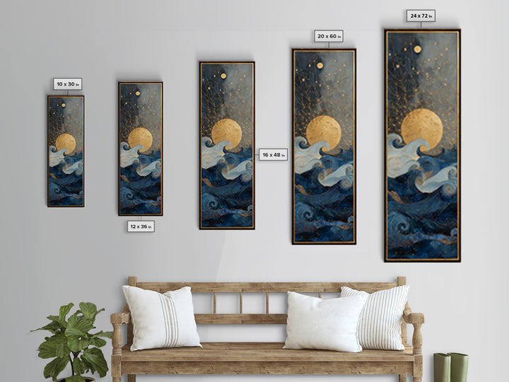 Golden Sun over Abstract Ocean Waves Framed Canvas Print, Celestial Art, Witchy Decor, Living Room Decor, Fine Art, Celestial, CEL-1x3-83