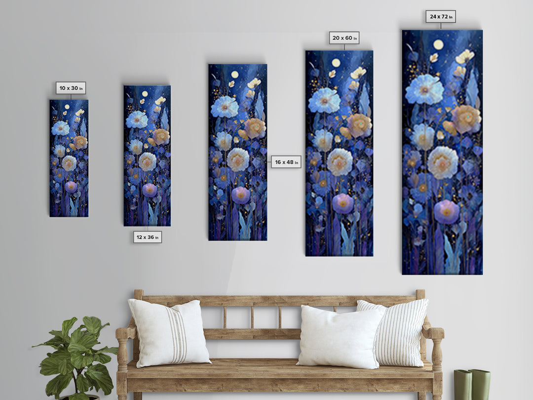 Moon Garden with Night Blooming Flowers Canvas Print, Celestial Art, Boho Art, Living Room Decor, Watercolor Art, Celestial, CEL-1x3-9