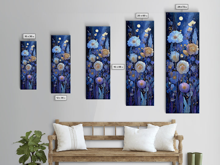 Moon Garden with Night Blooming Flowers Canvas Print, Celestial Art, Boho Art, Living Room Decor, Watercolor Art, Celestial, CEL-1x3-9