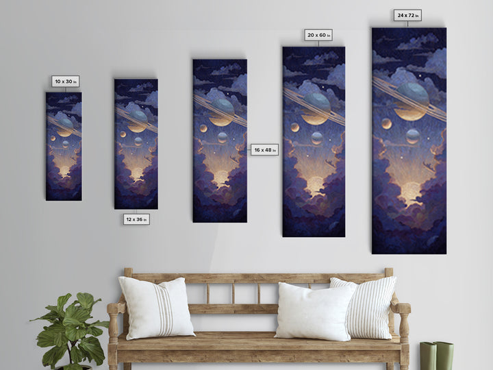 Glowing Planet with Rings and Tiny Moons Canvas Print, Celestial Art, Modern Decor, Living Room Decor, Oil Painting, Celestial, CEL-1x3-90