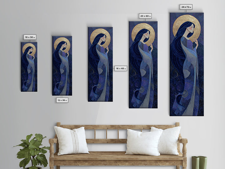 Celestial Goddess with Flowing Midnight Hair Framed Canvas Print, Celestial Art, Retro Wall Art, Living Room Decor, Celestial, CEL-1x3-91