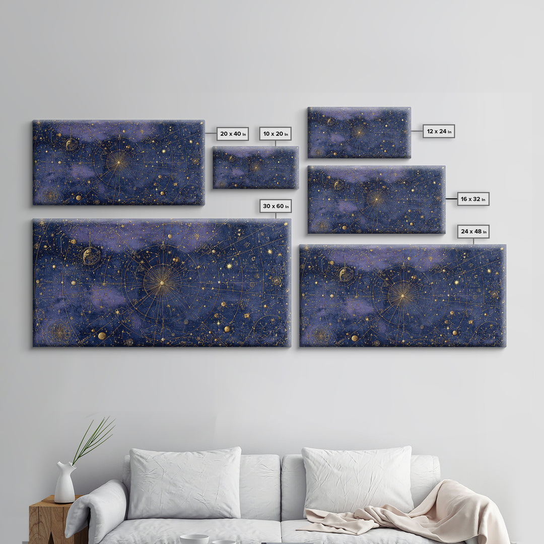 Gold Constellation Map on Deep Navy Texture Framed Canvas Print, Celestial Art, Whimsical Art, Living Room Decor, Celestial, CEL-2x1-100