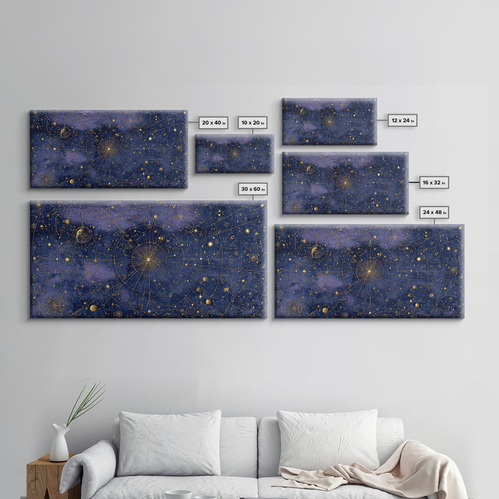 Gold Constellation Map on Deep Navy Texture Framed Canvas Print, Celestial Art, Whimsical Art, Living Room Decor, Celestial, CEL-2x1-100