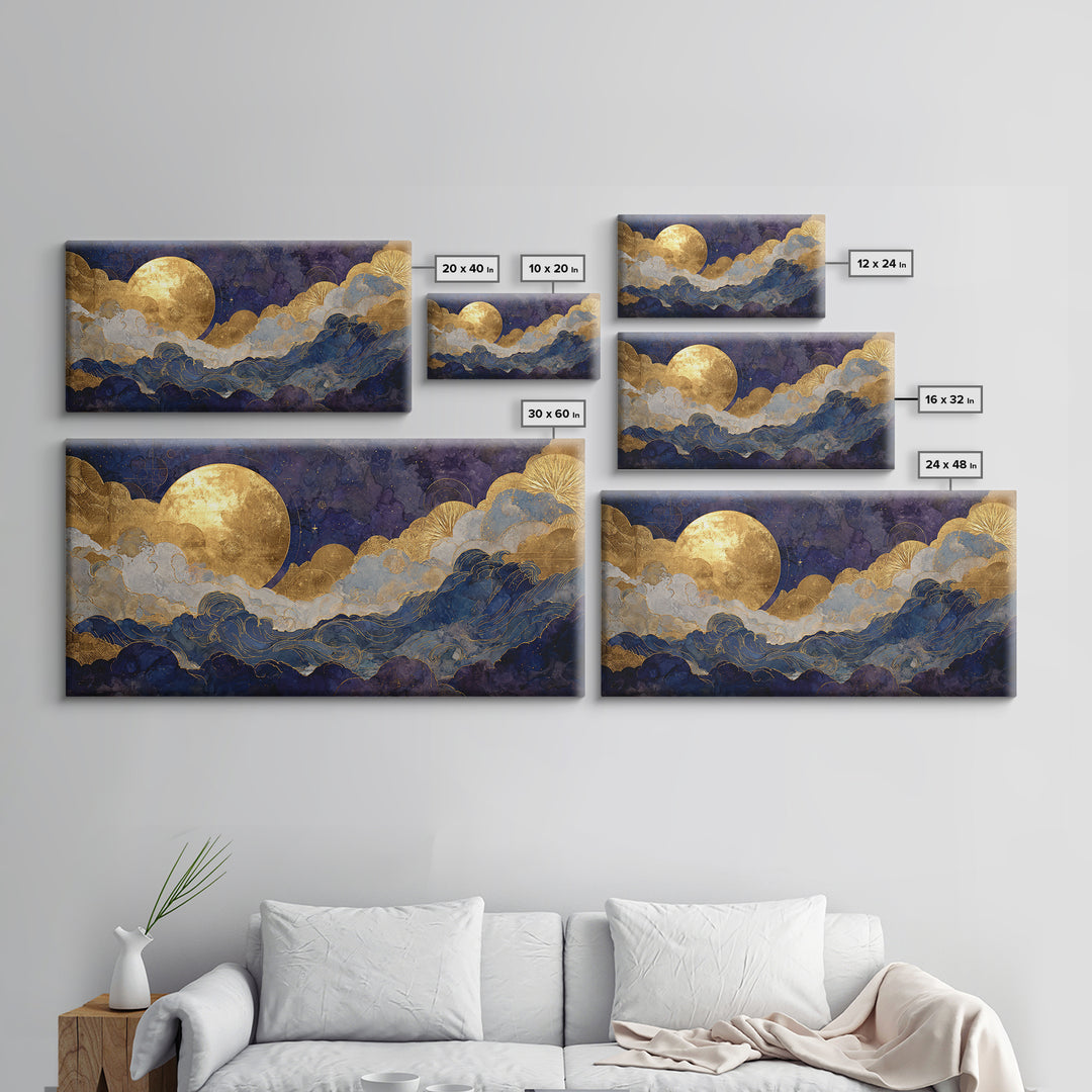 Golden Sun over Abstract Ocean Waves Framed Canvas Print, Celestial Art, Collage Art, Living Room Decor, Fine Art, Celestial, CEL-2x1-19