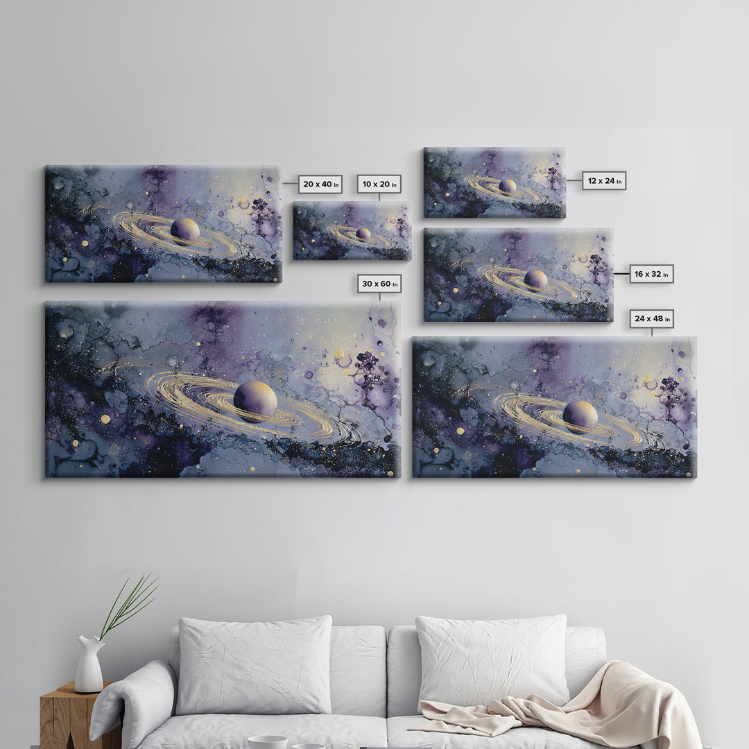 Glowing Planet with Rings and Tiny Moons Canvas Print, Celestial Art, Neutral Decor, Living Room Decor, Abstract Art, Celestial, CEL-2x1-2