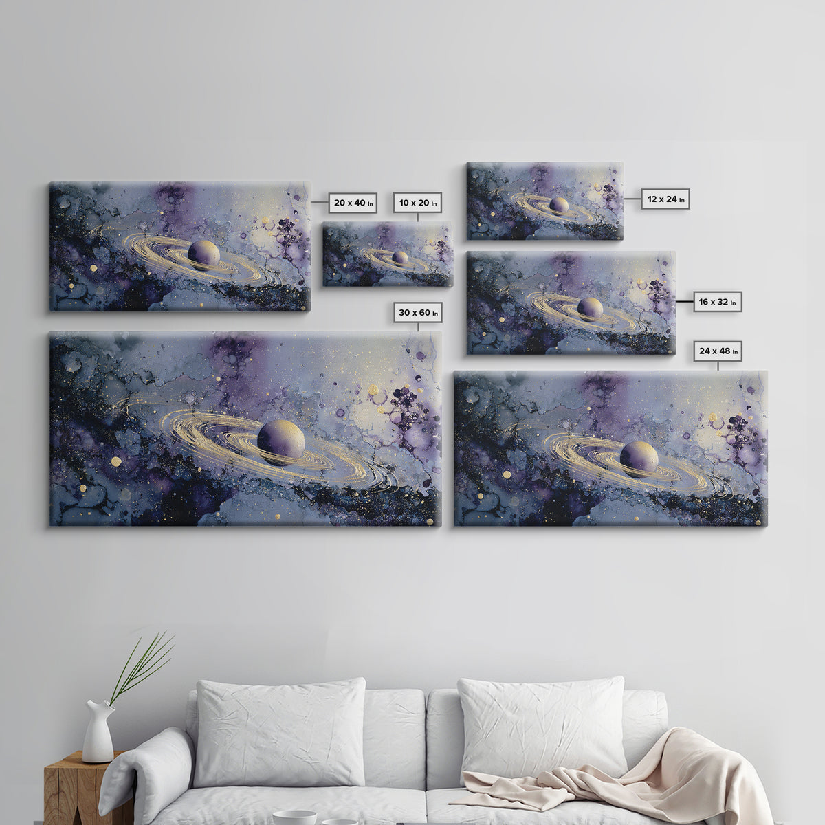 Glowing Planet with Rings and Tiny Moons Canvas Print, Celestial Art, Neutral Decor, Living Room Decor, Abstract Art, Celestial, CEL-2x1-2