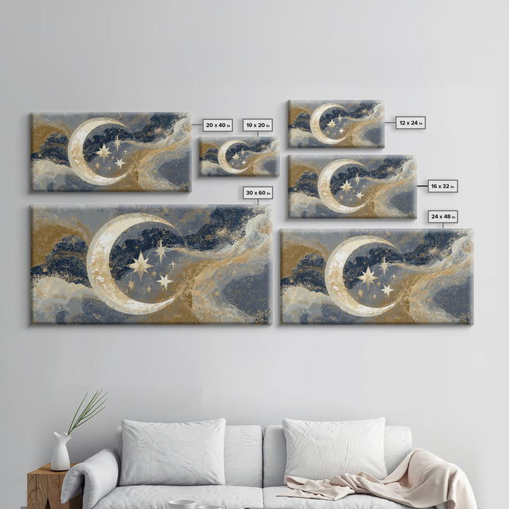 Crescent Moon Cradling a Cluster of Stars Canvas Print, Celestial Art, Luxury Decor, Living Room Decor, Oil Painting, Celestial, CEL-2x1-21