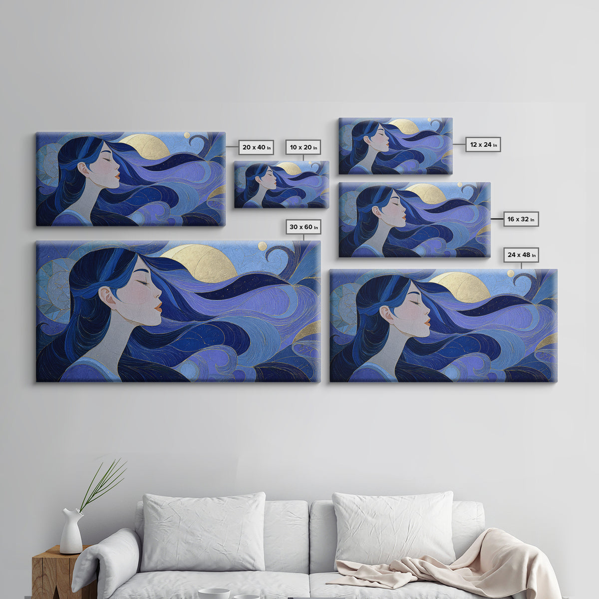 Celestial Goddess with Flowing Midnight Hair Framed Canvas Print, Celestial Art, Celestial, Living Room Decor, Celestial, CEL-2x1-3