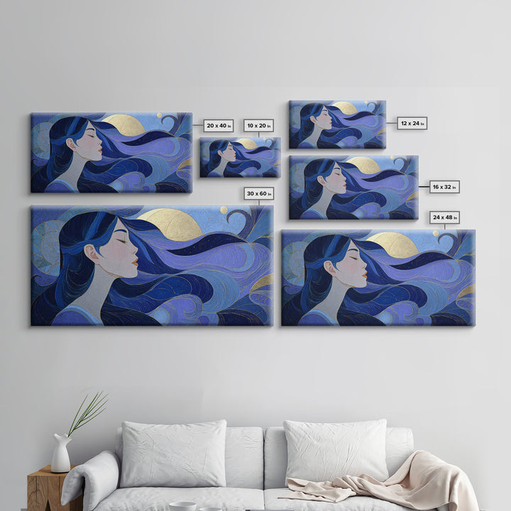 Celestial Goddess with Flowing Midnight Hair Framed Canvas Print, Celestial Art, Celestial, Living Room Decor, Celestial, CEL-2x1-3