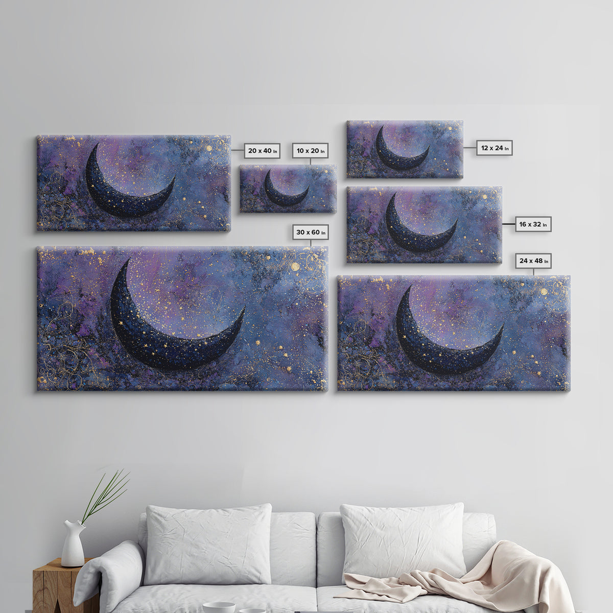 Crescent Moon Cradling a Cluster of Stars Framed Canvas Print, Celestial Art, Contemporary Art, Living Room Decor, Celestial, CEL-2x1-45