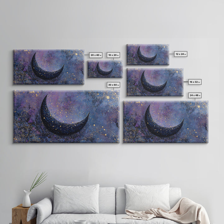 Crescent Moon Cradling a Cluster of Stars Framed Canvas Print, Celestial Art, Contemporary Art, Living Room Decor, Celestial, CEL-2x1-45