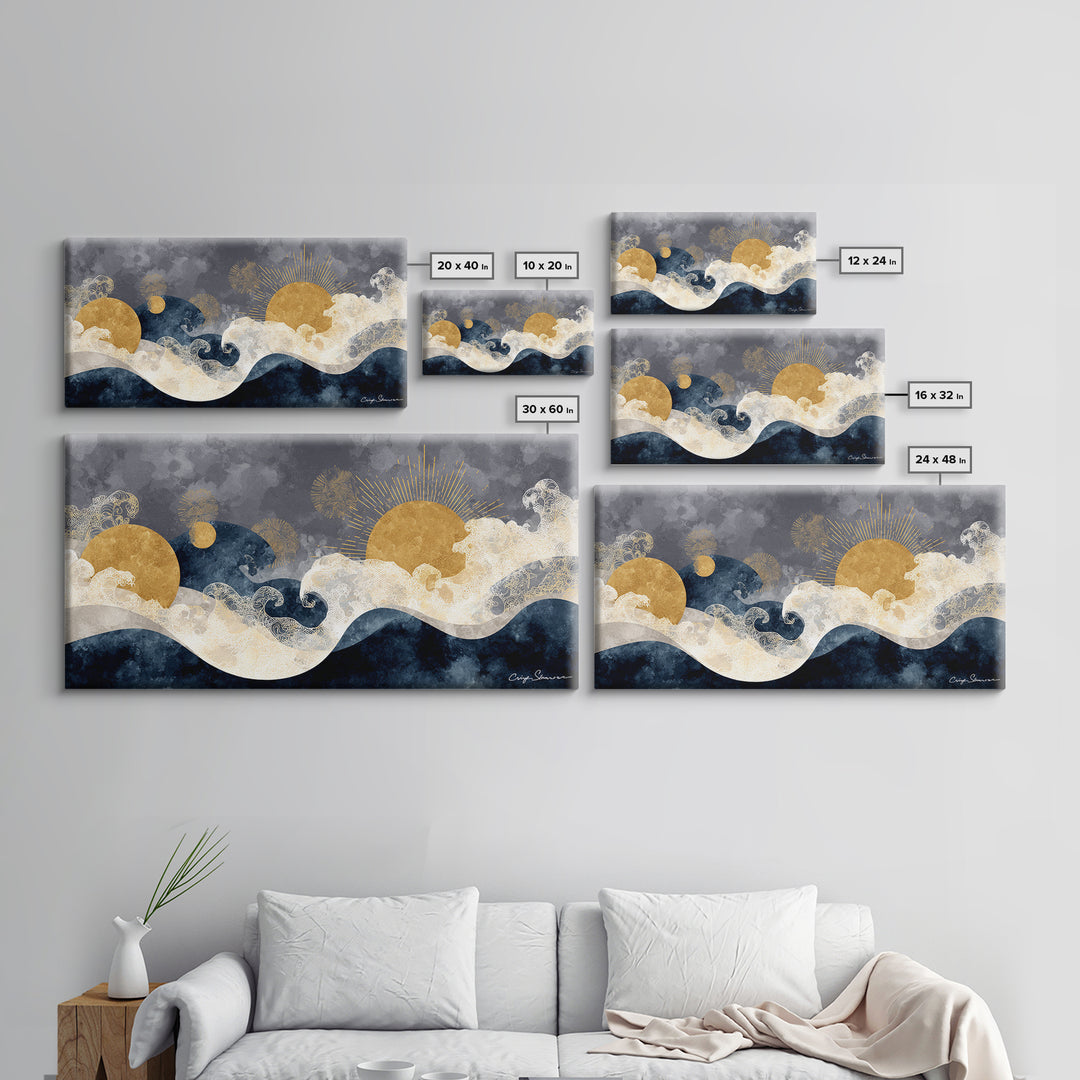 Golden Sun over Abstract Ocean Waves Framed Canvas Print, Celestial Art, Art Nouveau Decor, Living Room Decor, Celestial, CEL-2x1-67