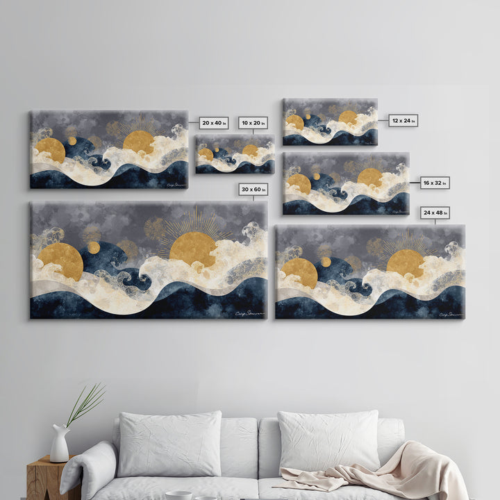 Golden Sun over Abstract Ocean Waves Framed Canvas Print, Celestial Art, Art Nouveau Decor, Living Room Decor, Celestial, CEL-2x1-67