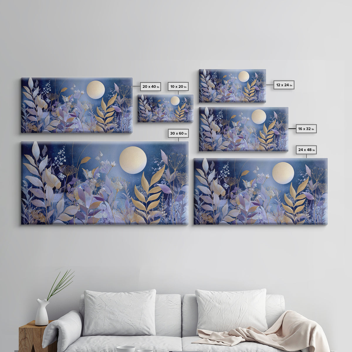 Lunar Phase Arc Above Delicate Botanicals Canvas Print, Celestial Art, Printable Art, Living Room Decor, Celestial, CEL-2x1-72