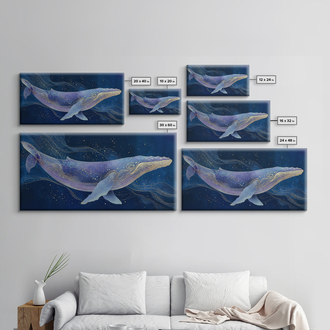 Cosmic Whale Swimming Through a Star Field Framed Canvas Print, Celestial Art, Digital Print, Living Room Decor, Celestial, CEL-2x1-97