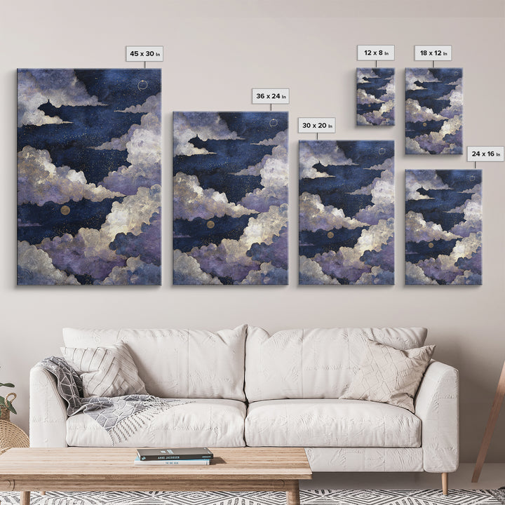 Moonlit Cloudscape with Silver Highlights Canvas Print, Celestial Art, Textured Painting, Living Room Decor, Celestial, CEL-2x3-17