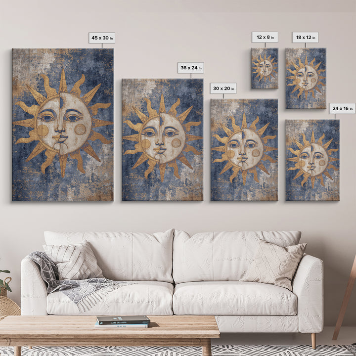 Sun and Moon Faces Framed Canvas Print, Celestial Art, Luxury Decor, Living Room Decor, Oil Painting, Celestial, Digital Print, CEL-2x3-34