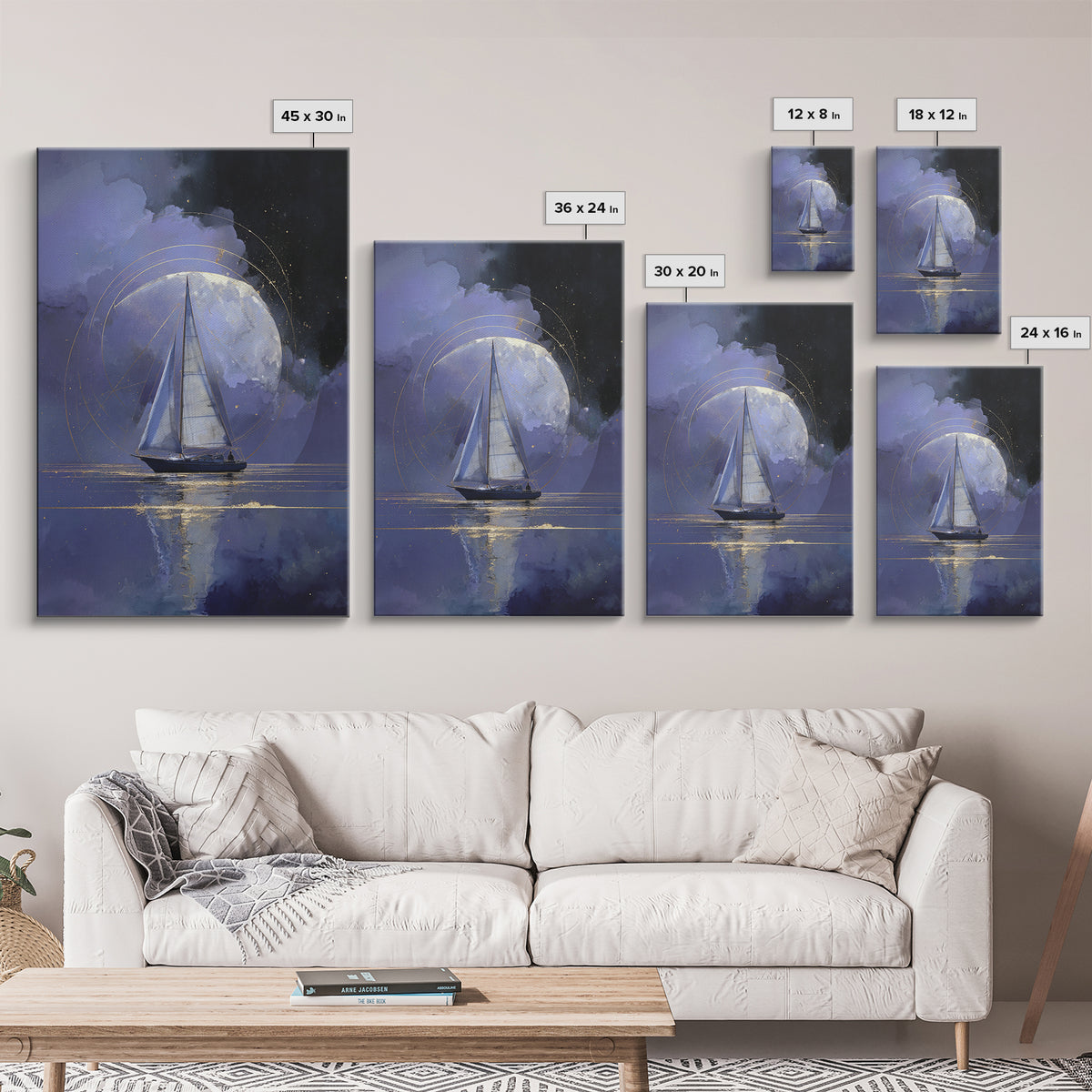 Tiny Sailboat Beneath a Huge Moon Framed Canvas Print, Celestial Art, Animal Prints, Living Room Decor, Oil Painting, Celestial, CEL-2x3-51