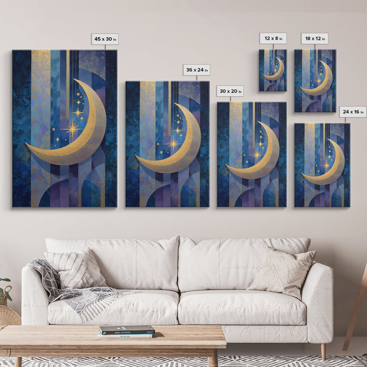 Crescent Moon Cradling a Cluster of Stars Canvas Print, Celestial Art, Living Room Decor, Oil Painting, Celestial, CEL-2x3-57