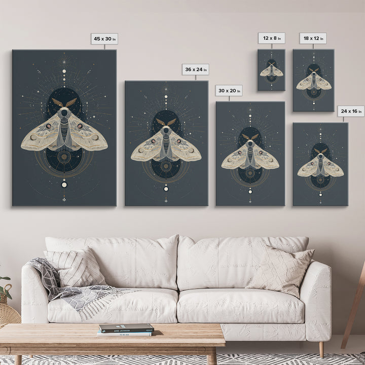 Celestial Moth with Moon Markings Framed Canvas Print, Celestial Art, Living Room Decor, Watercolor Art, Celestial, CEL-2x3-74