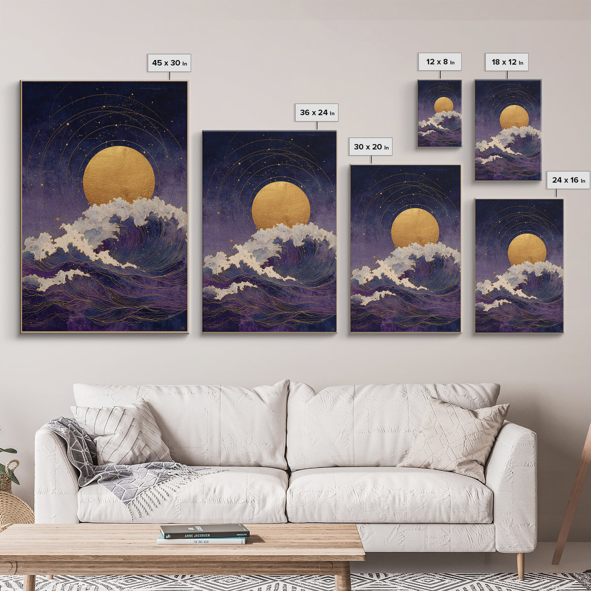 Golden Sun over Abstract Ocean Waves Canvas Print, Celestial Art, Statement Artwork, Living Room Decor, Fine Art, Celestial, CEL-2x3-79