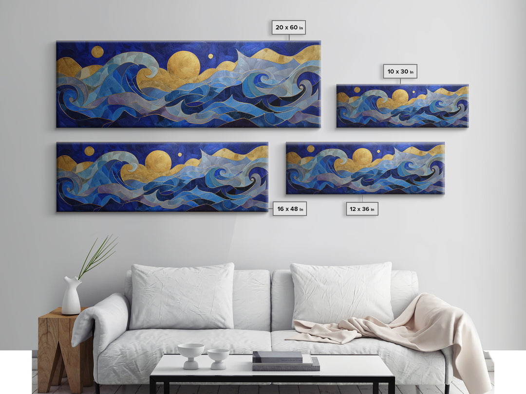 Golden Sun over Abstract Ocean Waves Framed Canvas Print, Celestial Art, Art Nouveau Decor, Living Room Decor, Celestial, CEL-3x1-15