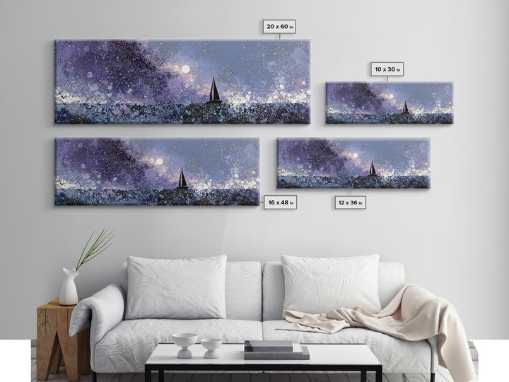 Tiny Sailboat Beneath a Huge Moon Canvas Print, Celestial Art, Statement Artwork, Living Room Decor, Fine Art, Celestial, CEL-3x1-35