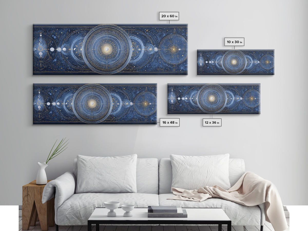 Lunar Phase Arc Above Delicate Botanicals Canvas Print, Celestial Art, Gallery Decor, Living Room Decor, Celestial, CEL-3x1-44