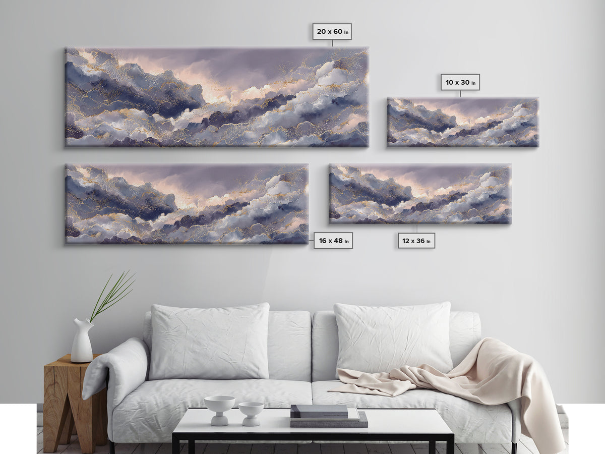 Moonlit Cloudscape with Silver Highlights Canvas Print, Celestial Art, Watercolor Painting, Living Room Decor, Abstract Art, CEL-3x1-49