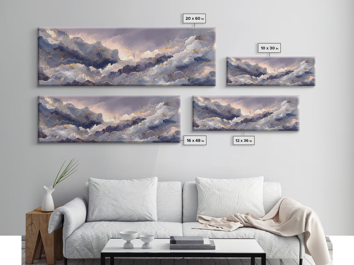 Moonlit Cloudscape with Silver Highlights Canvas Print, Celestial Art, Watercolor Painting, Living Room Decor, Abstract Art, CEL-3x1-49