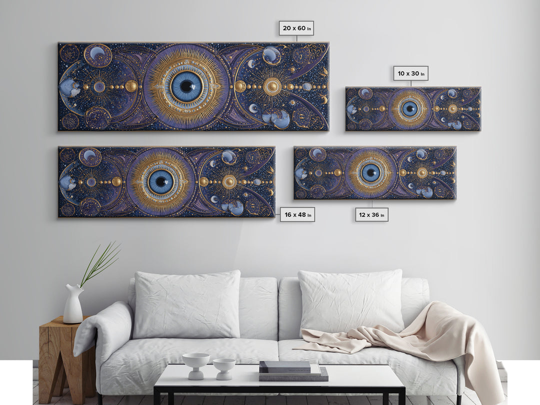 Mystic Eye Surrounded by Moons and Constellations Framed Canvas Print, Celestial Art, Art Print, Living Room Decor, Celestial, CEL-3x1-56