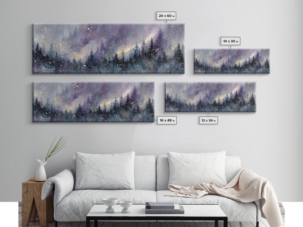 Aurora Borealis over Snowy Pines Framed Canvas Print, Celestial Art, Retro Wall Art, Living Room Decor, Fine Art, Celestial, CEL-3x1-57