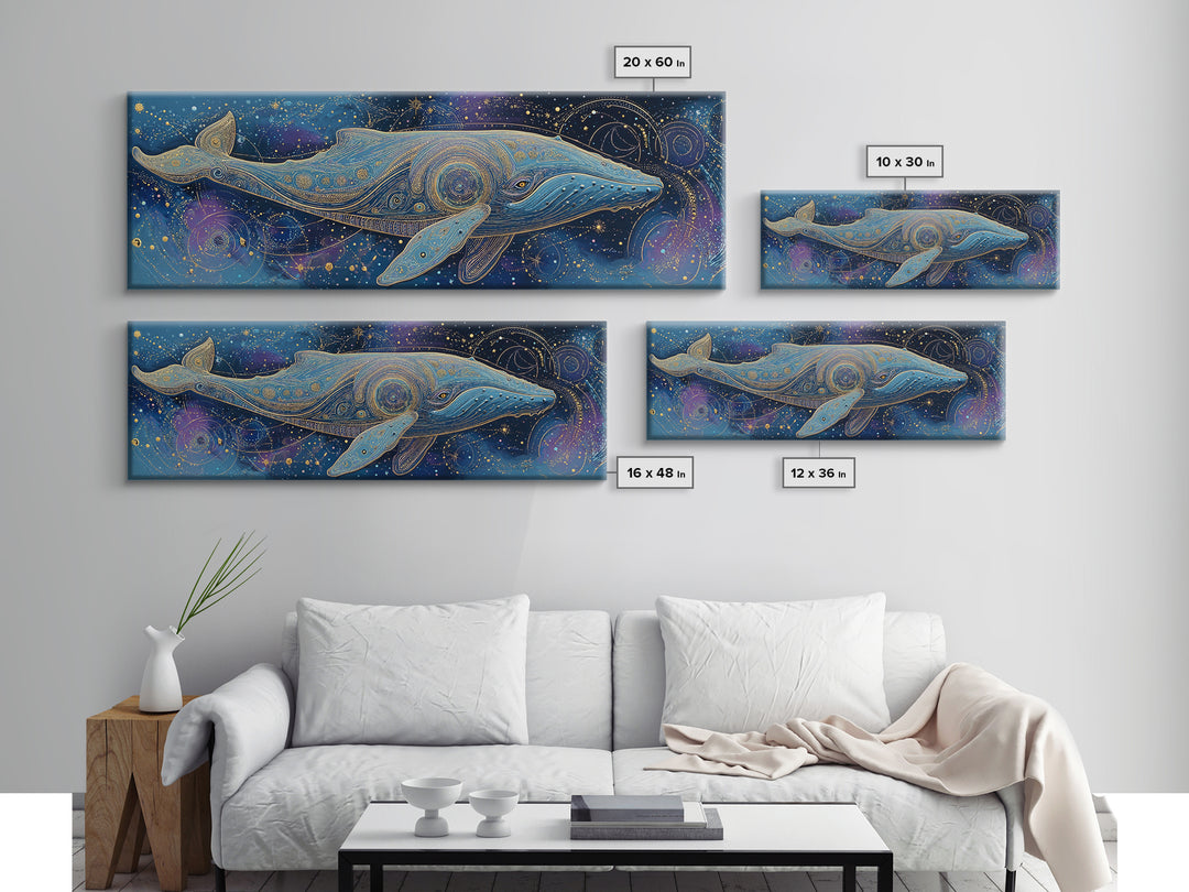 Cosmic Whale Swimming Through a Star Field Framed Canvas Print, Celestial Art, Modern Art, Living Room Decor, Celestial, CEL-3x1-69