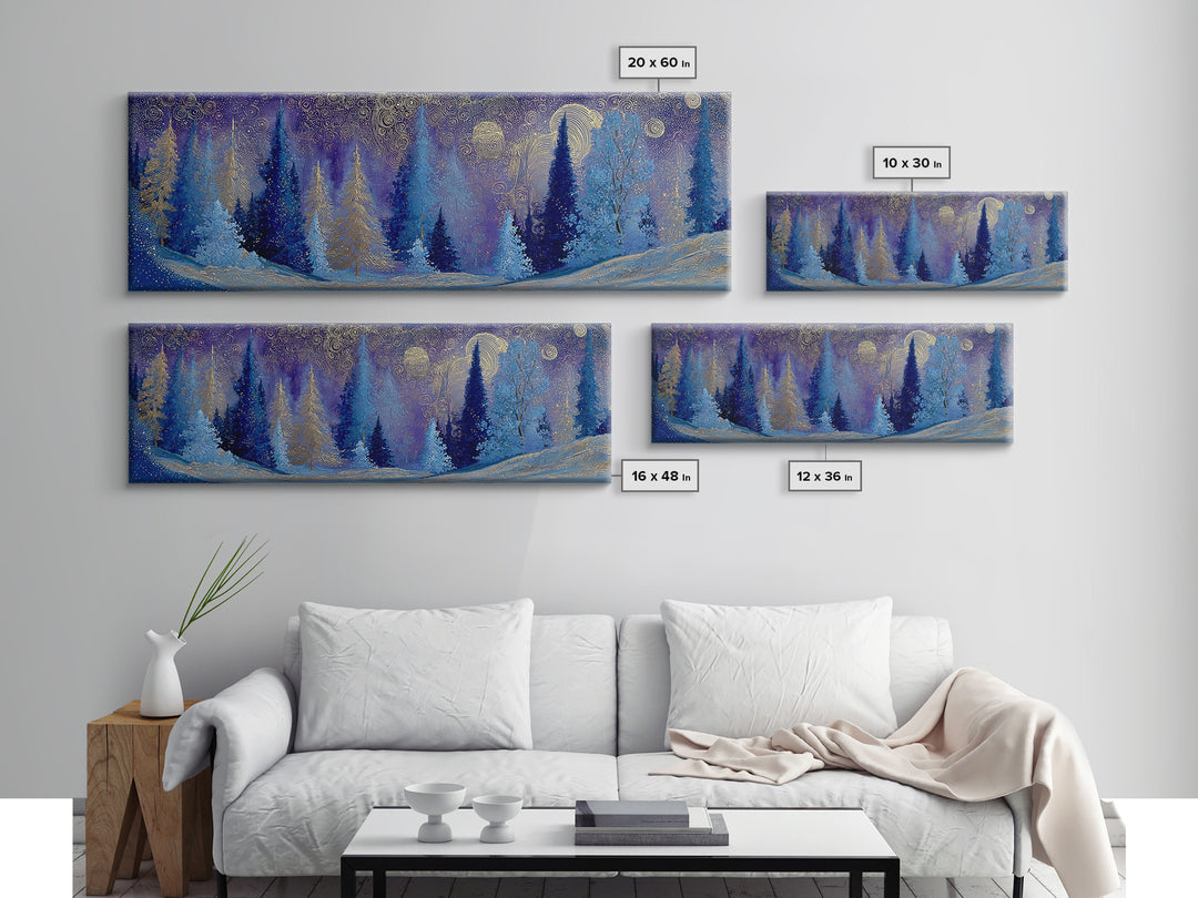 Aurora Borealis over Snowy Pines Framed Canvas Print, Celestial Art, Retro Wall Art, Living Room Decor, Fine Art, Celestial, CEL-3x1-81
