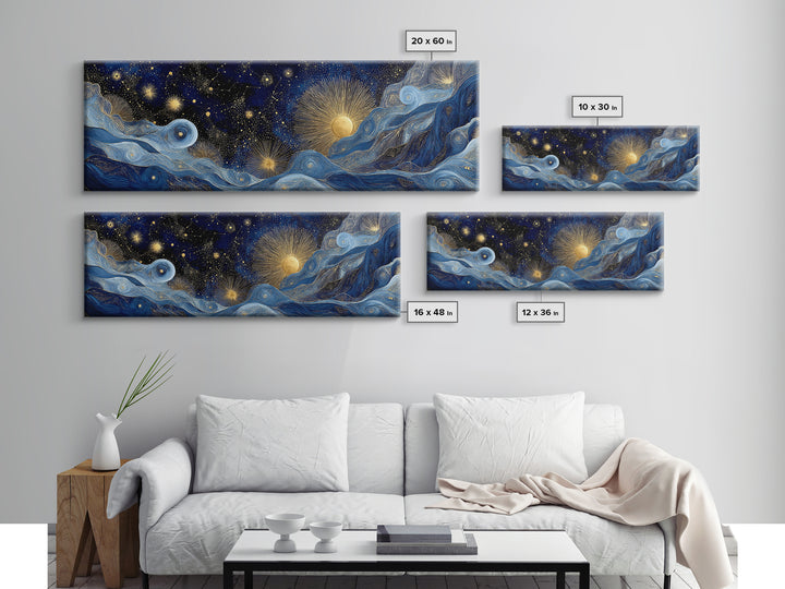 Golden Sun over Abstract Ocean Waves Framed Canvas Print, Celestial Art, Digital Art, Living Room Decor, Watercolor Art, CEL-3x1-87