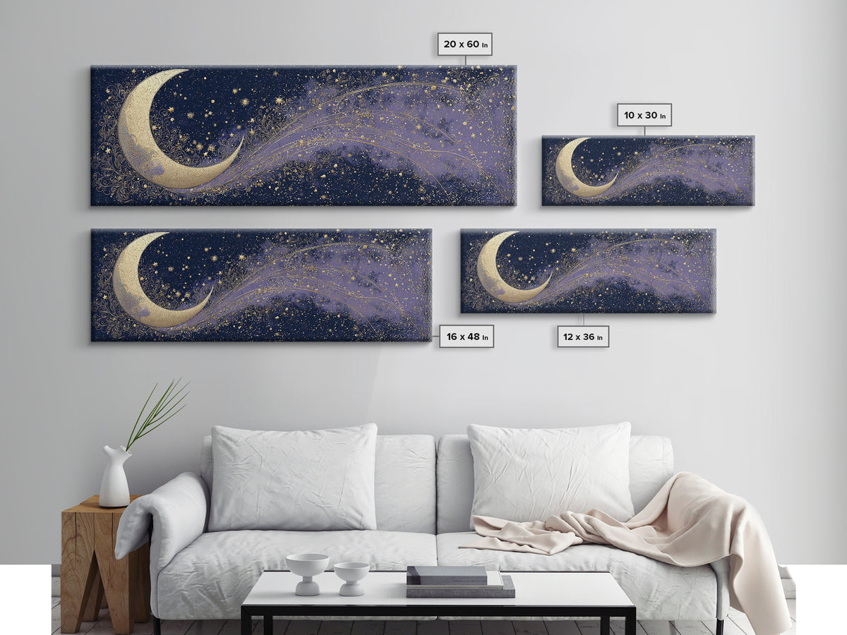 Crescent Moon Cradling a Cluster of Stars Canvas Print, Celestial Art, Digital Download Art, Living Room Decor, Celestial, CEL-3x1-89