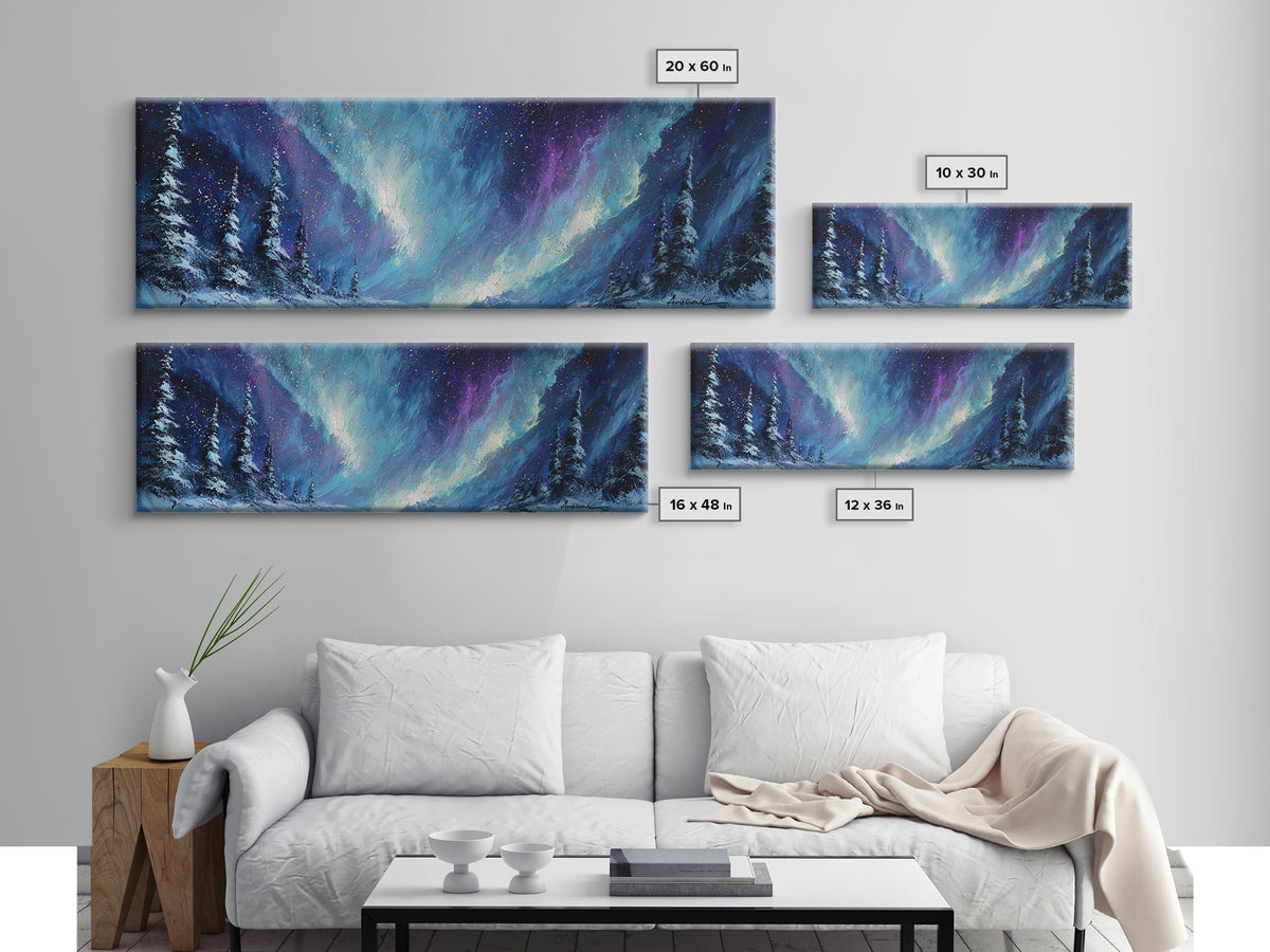 Aurora Borealis over Snowy Pines Framed Canvas Print, Celestial Art, Digital Art, Living Room Decor, Fine Art, Celestial, CEL-3x1-9