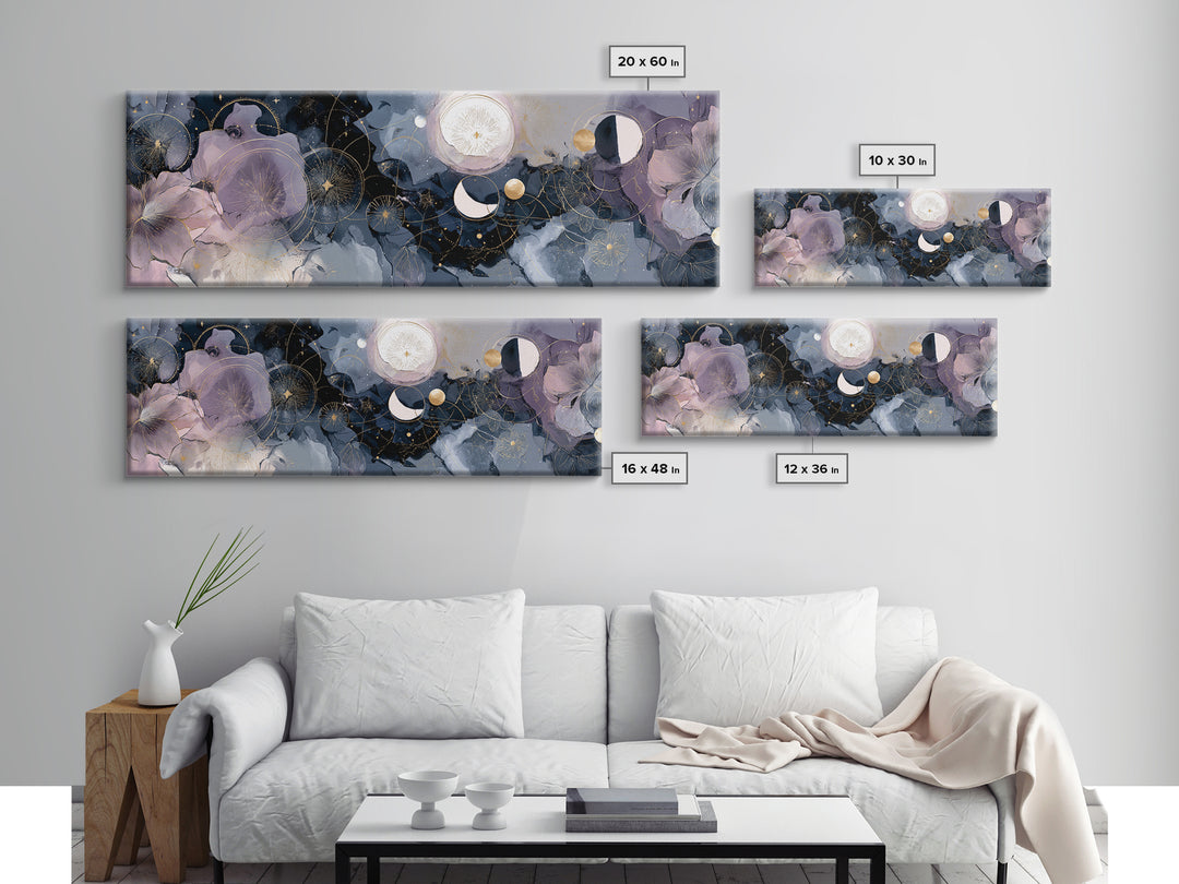 Lunar Phase Arc Above Delicate Botanicals Canvas Print, Celestial Art, Digital Art, Living Room Decor, Fine Art, Celestial, CEL-3x1-92