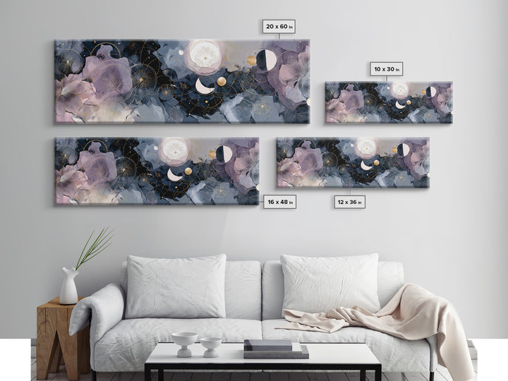 Lunar Phase Arc Above Delicate Botanicals Canvas Print, Celestial Art, Digital Art, Living Room Decor, Fine Art, Celestial, CEL-3x1-92