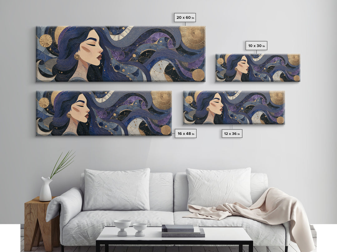 Celestial Goddess with Flowing Midnight Hair Canvas Print, Celestial Art, Gallery Decor, Living Room Decor, Fine Art, Celestial, CEL-3x1-95